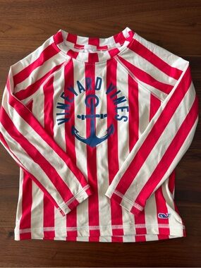 Vineyard Vines Red & White Striped Kids Rash Guard with Blue Logo